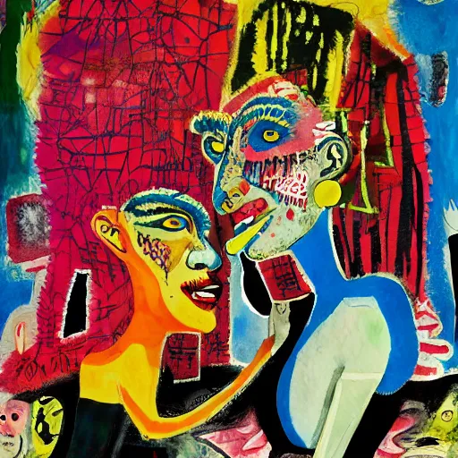 Prompt: watercolor painting of two bizarre psychedelic monster women kissing in japan in winter, speculative evolution, mixed media collage by basquiat and jackson pollock, maximalist magazine collage art, sapphic art, psychedelic illustration