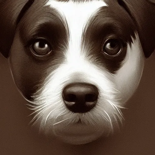 Image similar to portrait of black and white jack russel terrier, cute pixar concept art, highly detailed, digital painting, artstation, concept art, smooth, sharp focus, illustration, art by artgerm, greg rutkowski and alphonse mucha