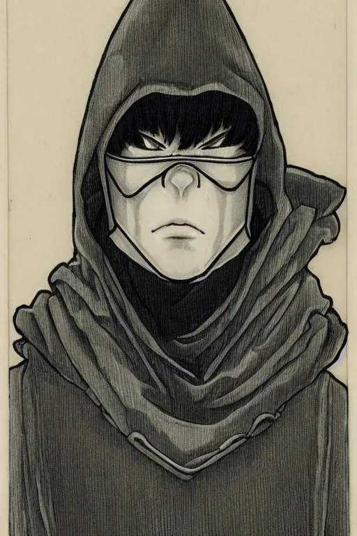 Image similar to portrait of young man wearing black medical mask, style of kentaro miura