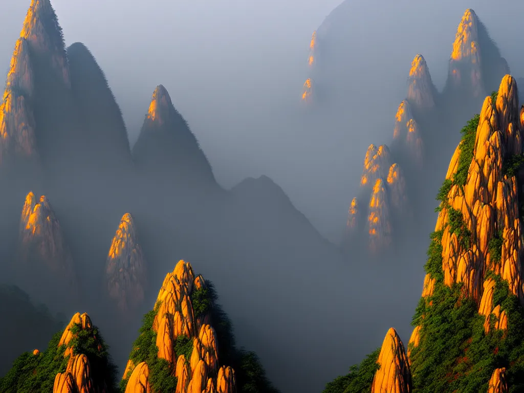 Image similar to landscape painting of huangshan yellow mountains on a foggy day by shenzhou 沈 周