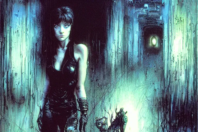 Image similar to cute young alyson hannigan with short hairs in dark city by luis royo and wayne barlowe, beksinski