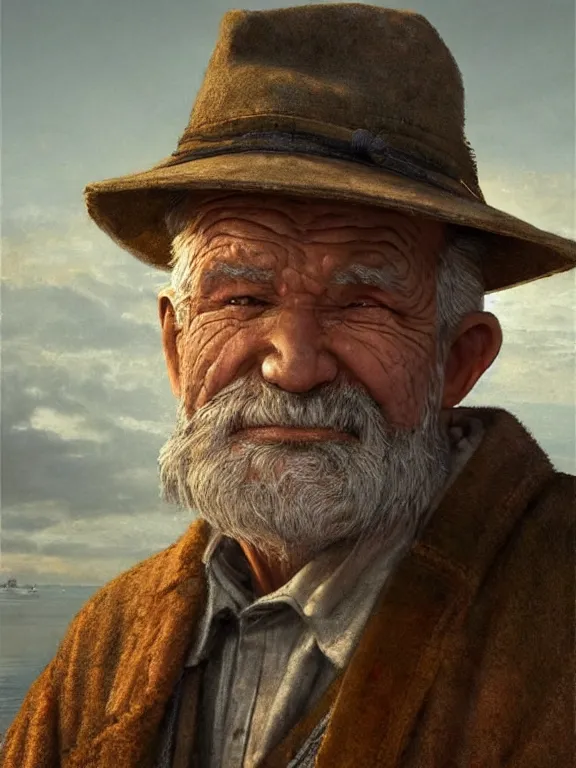 Image similar to realistic renderings portrait of very old fisher man portrait with a hat, wearing a fisher 🧥, ( ( ( a bird in the sky ) ) ) port scene background, astonishing scenes, detailed, photorealism, volumetric lighting, autumn lights colors, ultra detailed