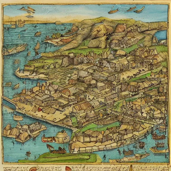 Image similar to medieval town with ports and road, map, technical drawing, intricate detailed schematic, diagram, manuscript