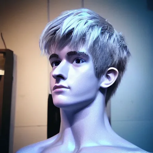 Image similar to “a realistic detailed photo of a guy who is an attractive humanoid who is half robot and half humanoid, who is a male android, twitch streamer Ninja Tyler Blevins, shiny skin, posing like a statue, blank stare”