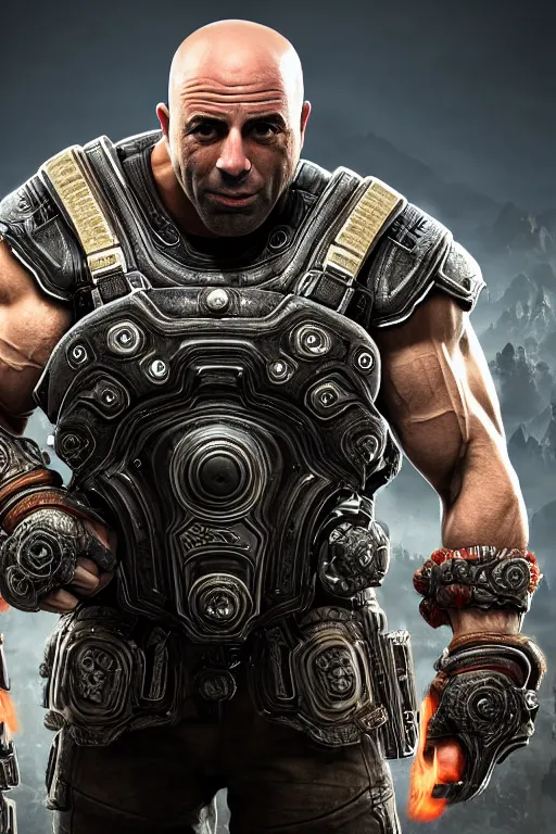 Image similar to Joe Rogan as a smiling muscular Gears of War character, photorealism, full body, HDR ambient background, unreal engine 5, hyperrealistic, highly detailed, XF IQ4, 150MP, 50mm, F1.4, ISO 200, 1/160s, cinematical light, Adobe Lightroom, photolab, Affinity Photo, PhotoDirector 365, realistic