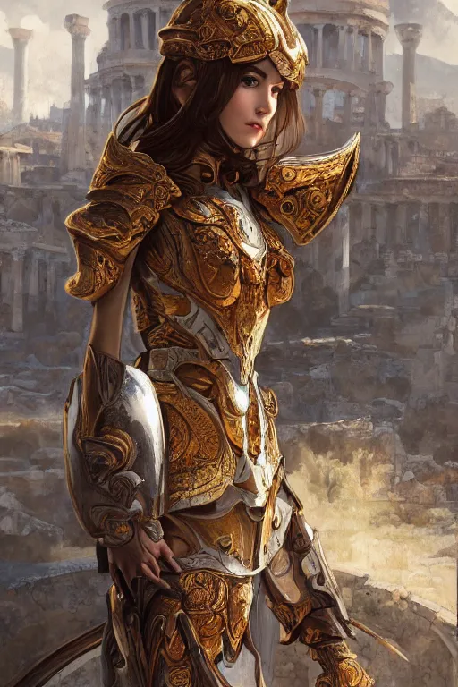 Prompt: portrait knights of Zodiac girl, metalic orange and silver white reflected armor, in ruined Agora of Athens, ssci-fi, fantasy, intricate, very very beautiful, elegant, golden light, highly detailed, digital painting, artstation, concept art, smooth, sharp focus, illustration, art by tian zi and WLOP and alphonse mucha