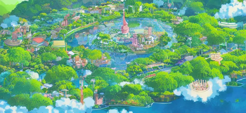 Image similar to utopian city in perfect harmony with nature, clean energy and food abundance, beautifully landscaped and tropical a digital illustration by studio ghibli