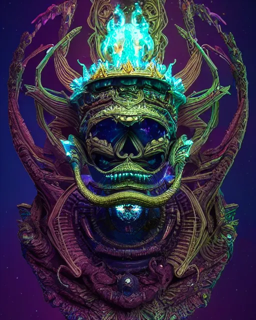 Image similar to 3 d ornate carved dark cosmic king with profile portrait, sigma 5 0 0 mm f / 5. beautiful intricate highly detailed quetzalcoatl skull. bioluminescent, plasma, lava, ice, water, wind, creature, thunderstorm! artwork by tooth wu and wlop and beeple and greg rutkowski, 8 k trending on artstation