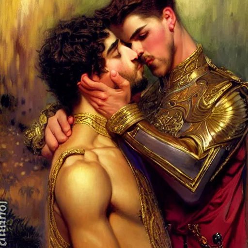 Prompt: attractive fully clothed king confesses his love for his attractive fully clothed male prince. highly detailed painting by gaston bussiere, mark brooks, j. c. leyendecker