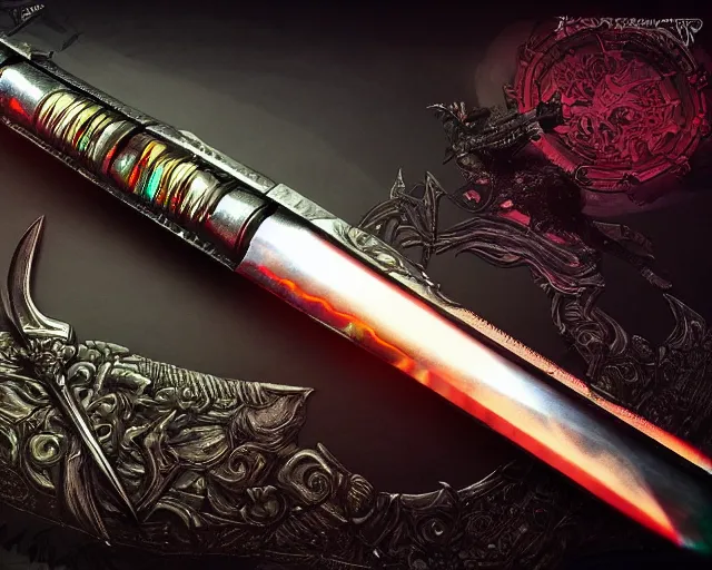 Image similar to legendary glowing sword of cybernetic technology on a table, digital award winning artwork, intimate dark moody, intricate, long sharp black and iridescent blade, ornate spikes, colorful hilt, detailed realistic, raytraced blade, colored gems, golden pommel, trending on artstation and deviantart