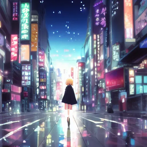 Image similar to anime visual, girl turning her head facing the camera and her long, black hair flinging, at night in the streets of tokyo, shinkai makoto, your name, weather with you, 5 centimeter per second, key visual