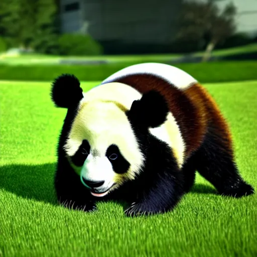 Image similar to a panda mowing the lawn, cinematic, ray traced, octane render, cinematic lighting, ultrarealistic, featured on artstation, 8 k uhd artwork