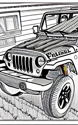 Image similar to a coloring book page of a jeep Wrangler