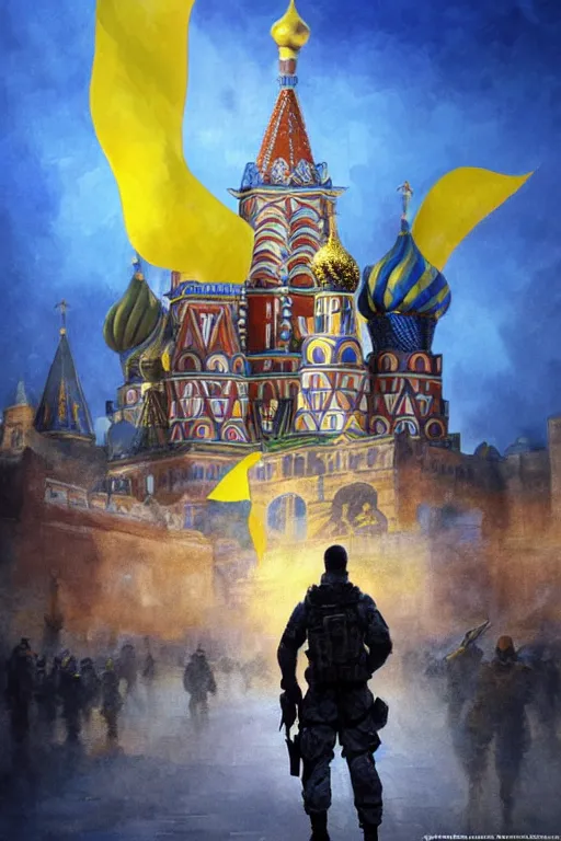 Image similar to special forces soldier installin ukrainian blue and yellow flag on red square kremlin, masculine figure, d & d, fantasy, bright atmosphere, volumetric lights, intricate, elegant, extremely detailed, digital painting, artstation, concept art, matte, smooth, sharp focus, hyper realistic, illustration, art by artgerm and greg rutkowski and alphonse mucha