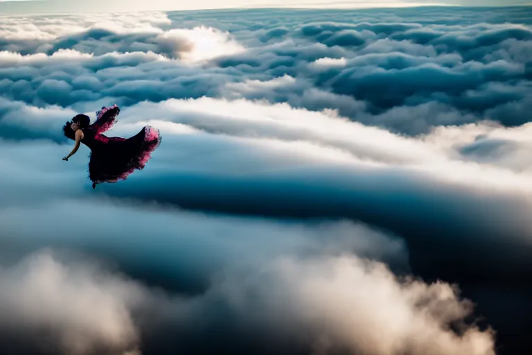 Prompt: photograph of a haute couture model flying through clouds, aerial view. photography by julia hetta, cinematic, elegant, real dlsr photography, sharp focus, 4 k, ultra hd, sense of awe