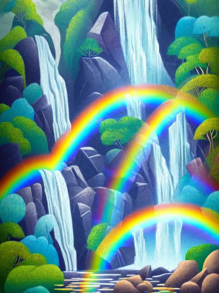 Image similar to artdeco illustration waterfall cascading onto rocks, small rainbow emerging in background, holographic, beautiful scenery,