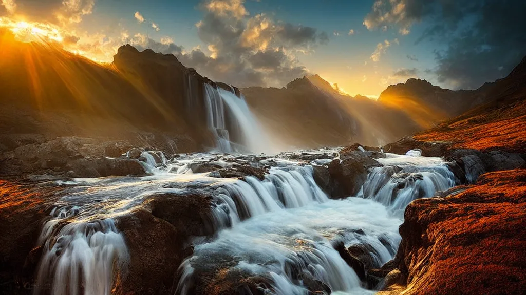 Image similar to amazing landscape photo of a water fall in sunset by marc adamus, beautiful dramatic lighting