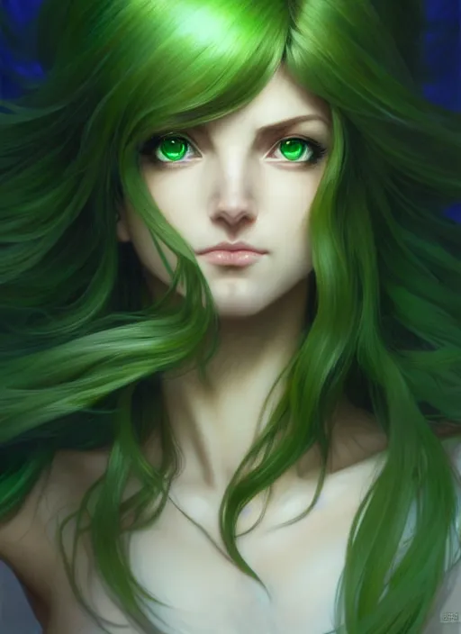 Image similar to portrait, from left, head and body, palutena, piercing green eyes, green hair, concept art, unreal engine, by rossdraws, frank franzzeta, intricate, masterpiece, elegant, hyper detailed, unreal engine rendered, concept art, smooth, sharp focus, illustration, art by artgerm and greg rutkowski and alphonse mucha and garis edelweiss