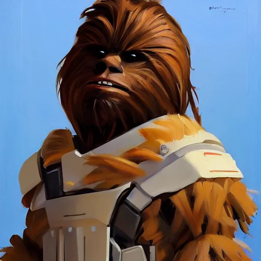 Image similar to greg manchess portrait painting of chewbacca as overwatch character, medium shot, asymmetrical, profile picture, organic painting, sunny day, matte painting, bold shapes, hard edges, street art, trending on artstation, by huang guangjian and gil elvgren and sachin teng