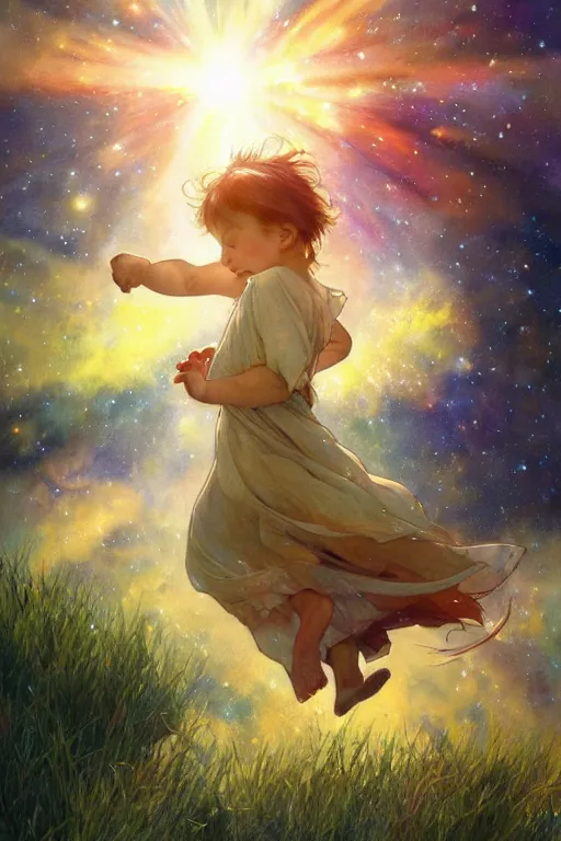 Prompt: a flying toddler running through a beautiful nebula of grass and sunshine, water color, art by artgerm and greg rutkowski and alphonse mucha and jin xiaodi and anthony divine