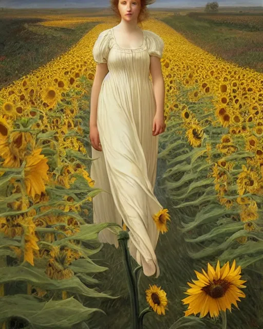 Image similar to a girl slowly in really long dress walking through amazing tall sunflower field, hair flowing, early morning lightning, bad weather approaching, oil on canvas, artstation, by j. c. leyendecker and edmund blair leighton and charlie bowater, octane, very aesthetic!!!!!!!!!!!!!!!