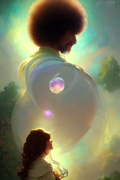 Image similar to bob ross android, dreamy and ethereal,, fantasy, intricate, elegant, rainbow bubbles, highly detailed, digital painting, artstation, concept art, smooth, sharp focus, illustration, art by artgerm and greg rutkowski and alphonse mucha