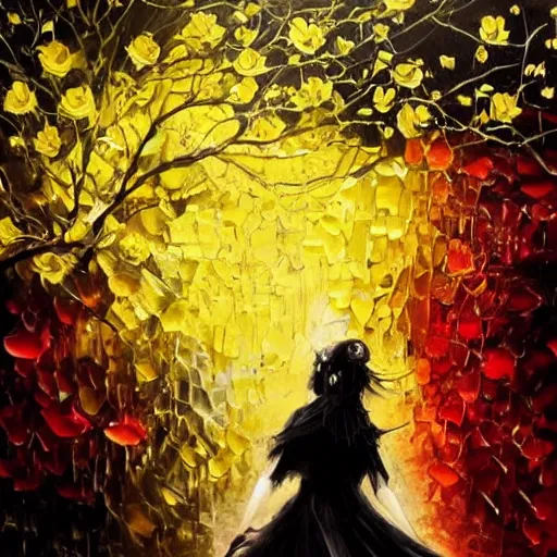 Image similar to red like roses fills my dreams and brings me to the place you rest. | white is cold and always yearning, burdened by a royal test. | black the beast descends from shadows. | yellow beauty burns gold. abstract oil painting. beautiful woman. fantasy. concept art. rwby. highly detailed and colorful.