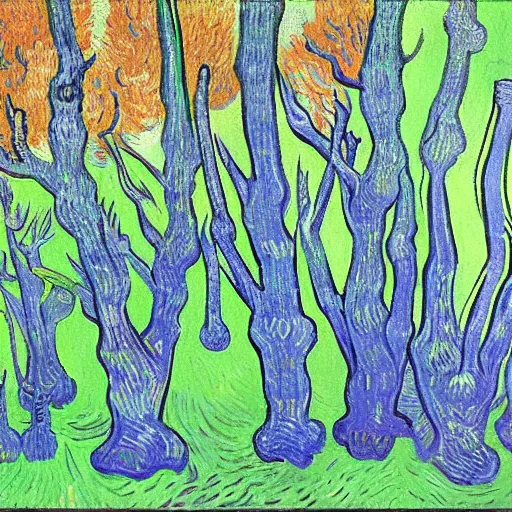 Prompt: fluo trees with eyes and body parts by van gogh