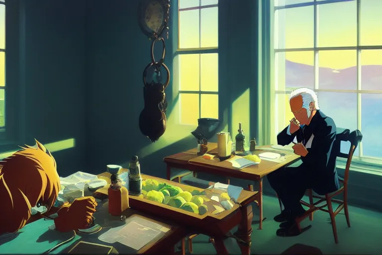 Prompt: anime key visual of joe biden eating all of the carbon credits, style of jamie wyeth james gilleard edward hopper greg rutkowski acrylic painting, preserved museum piece, historical