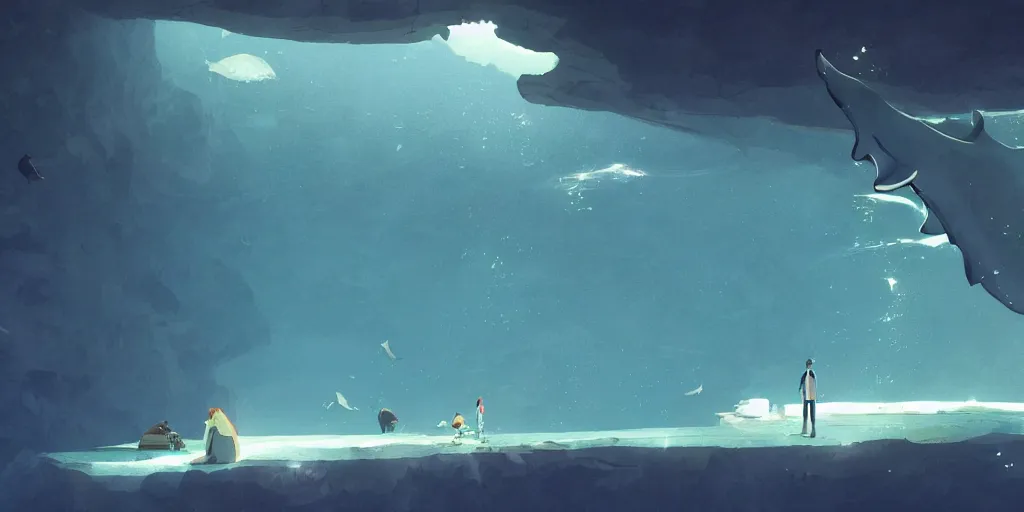 Prompt: giant aquarium in natural cave, levitating whales and dolphins, volumetric light, art by pascal campion, artstation