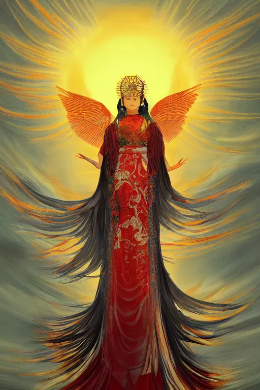 Prompt: oil painting, ancient chinese goddess, the incarnation of the sun bird, sunlit, paint texture, digital painting, highly detailed, artstation, sharp focus, illustration, concept art