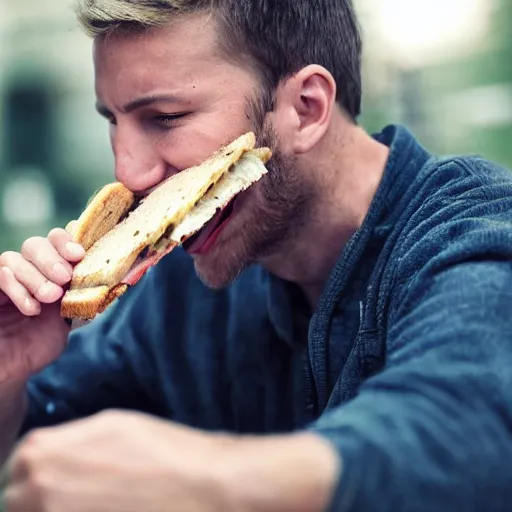 Image similar to a man eating a sandwhich while looking sad, realistic photo,