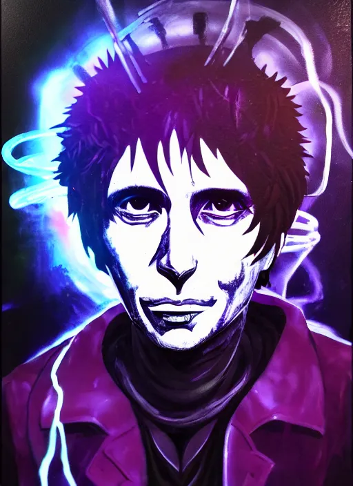 Image similar to made in abyss glamour necro science acrylic painting of salvia divinorum, photorealistic tony montana in a style of cyberpunk, magic glowing blur