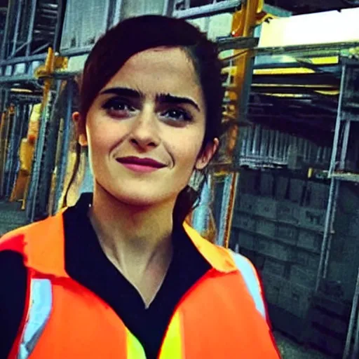 Image similar to photo, close up, salma hayek emma watson in a hi vis vest, in warehouse, android cameraphone, snapchat story screenshot, 2 6 mm,