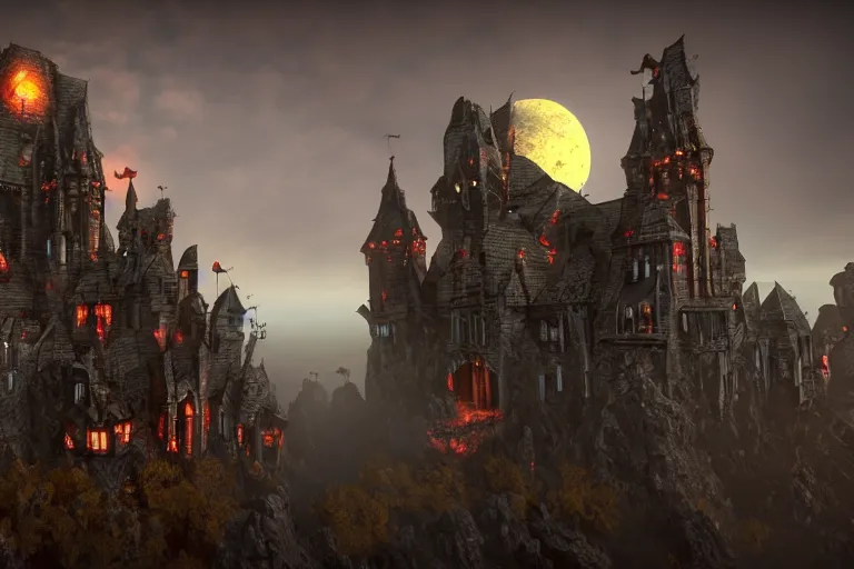 Image similar to big evil castle - city rock dark shadow elves, might and magic heroes vii, dark fantasy, shadows, artstation trending, unreal engine 5, red