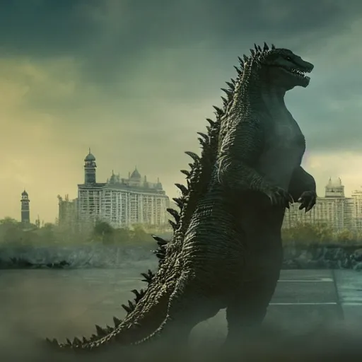 Image similar to godzilla near taj mahal, majestic, breathtaking, film still from godzilla 2 0 1 4, 8 k, unreal engine 5 rendering, hyper realistic, global illumination, radiant lighting, clear image, intricate environment