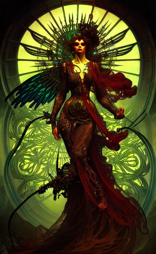 Image similar to the dark angel of death, intricate details, cinematic lighting, volumetric lighting, by mohrbacher and alphonse mucha, rich colors, post - processing