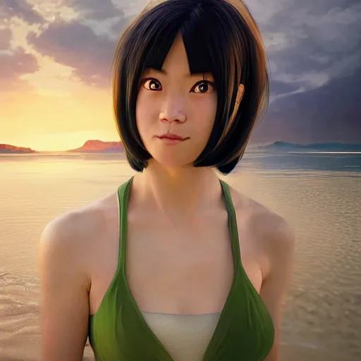 Prompt: beautiful serene intricate photograph of toph beifong from the earth nation as a chinese young girl with pale green eyes, smiling confidently, relaxing on the beach, golden hour, soft focus, 8 k, art by irakli nadar, hyperrealism, hyperdetailed, ultra realistic