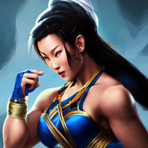 Image similar to Chun-Li ready to fight, full body shot, fantasy, medieval, beautiful face, vivid colors, elegant, concept art, sharp focus, digital art, Hyper-realistic, 4K, Unreal Engine, Highly Detailed, HD, Dramatic Lighting by Brom, trending on Artstation