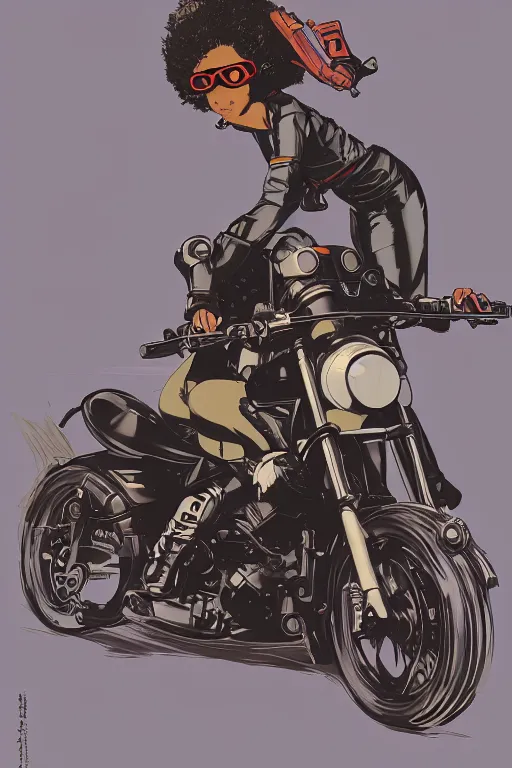 Image similar to black woman with goggles riding motorbike, afro hair, ilya kuvshinov, jamie hewlett, yoji shinkawa, muted colors, clean lines, bold linework, beautiful detailed illustration, 17th century oil painting, flat colors, studio ghibli, cel shading,