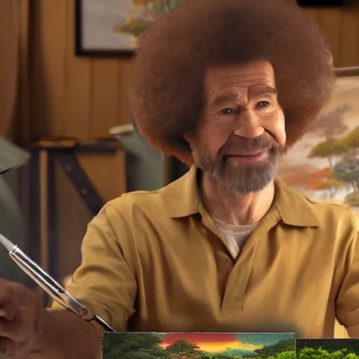 Image similar to a closeup photorealistic photograph of bob ross working on a canvas painting featuring iron man with happy trees. film still. this 4 k hd image is trending on artstation, featured on behance, well - rendered, extra crisp, features intricate detail, epic composition and the style of unreal engine.