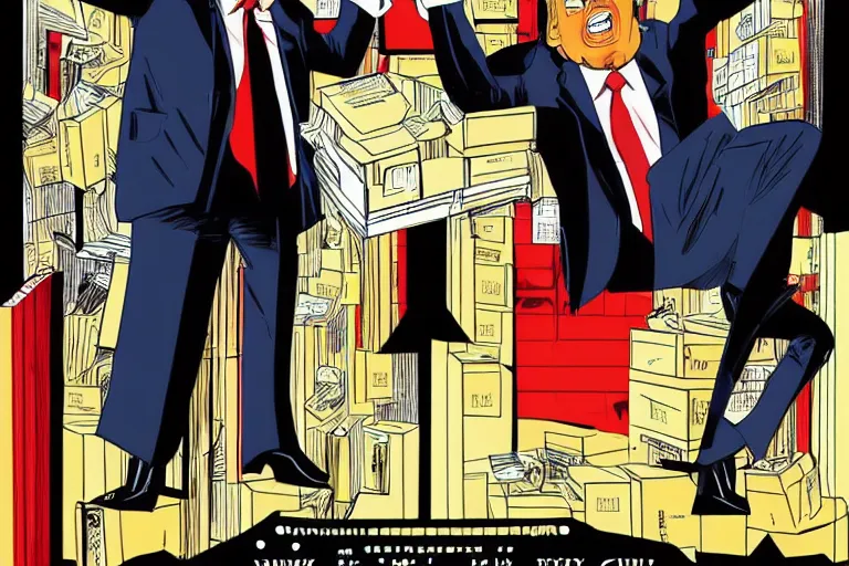 Image similar to 2 d poster illlustration donald trump and donald trump wearing trenchcoats and black spy hats, stacks of boxes everywhere and a safe broken open for the movie spy vs spy