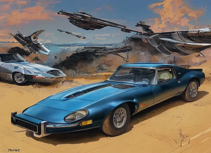 Image similar to ( ( ( ( ( 1 9 8 2 pontiac trans am, jaguar e - type, car concept art, sci - fi illustration, painting ) ) ) ) ) by vincent di fate and john berkey and star wars and the rocketeer!!!!!!!