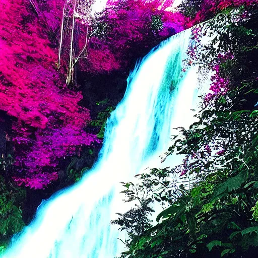 Image similar to “left wing president, good teeth, waterfall background, intense blue sky, trees, magenta colors”