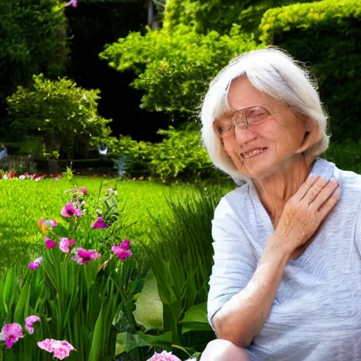 Prompt: mom in a mansion garden, 8 k, high resolution, sun,