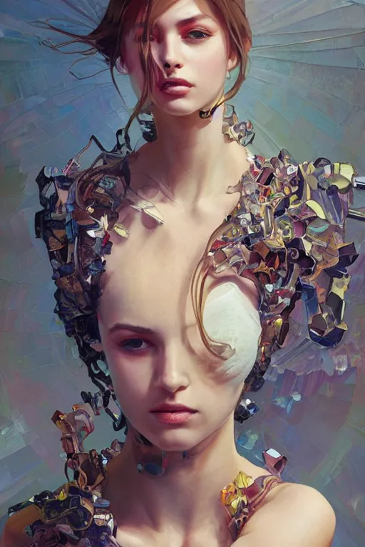 Image similar to an hyper intricate oil painting of gen z model wearing a fashion outfit wearing a clean t - shirt, full body ultra fashion model pose by vogue, excellent composition, by yoshitaka amano, by greg rutkowski, by alphonse mucha, by rhads, by ross tran, trending on artstation