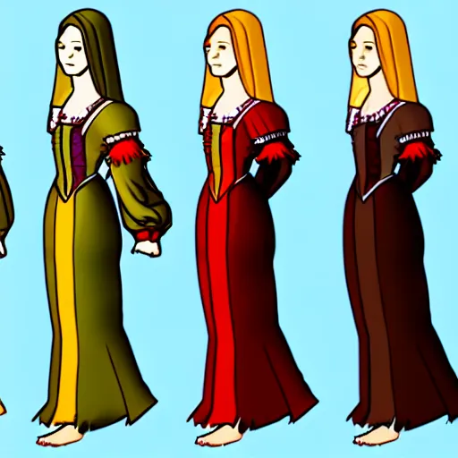 Image similar to walking animation sprite sheet of a girl in a renaissance dress, walking to the right, each sprite is a different frame of the animation
