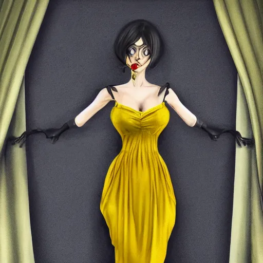 Image similar to a woman wearing a yellow dress with one leg revealed, detailed body and face with pink lips and blue eyes, gothic atmosphere, digital art, highly detailed, high contrast, beautiful lighting, award winning, trending on art station, photorealistic, 8 k,