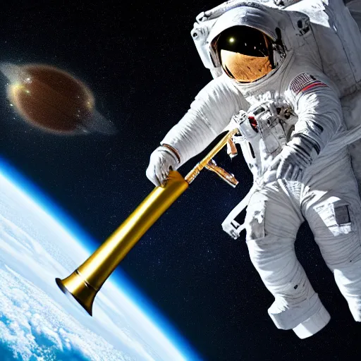 Prompt: astronaut using a saxaphone in space, earth, 4k photography, space