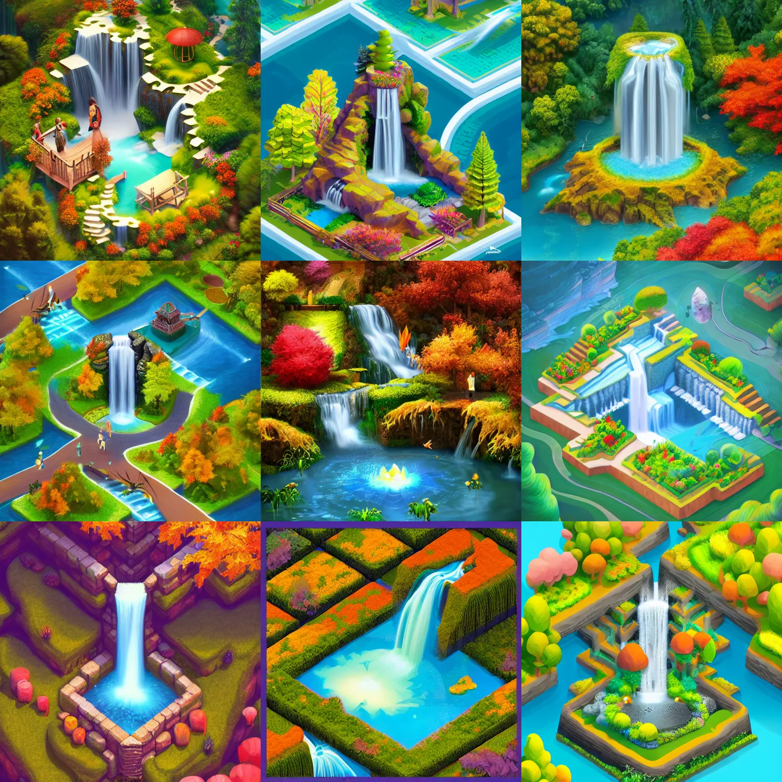 Prompt: isometric webdesign icon for paradise autumn garden with waterfall, 3d render, by Artgerm, tooth wu, dan mumford, beeple, wlop, rossdraws, James Jean, Andrei Riabovitchev, Marc Simonetti, yoshitaka Amano, Artstation